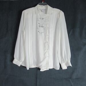 Vintage Josephine Top Womens 36 White Floral Cutout Pleated Sheer Blouse Work